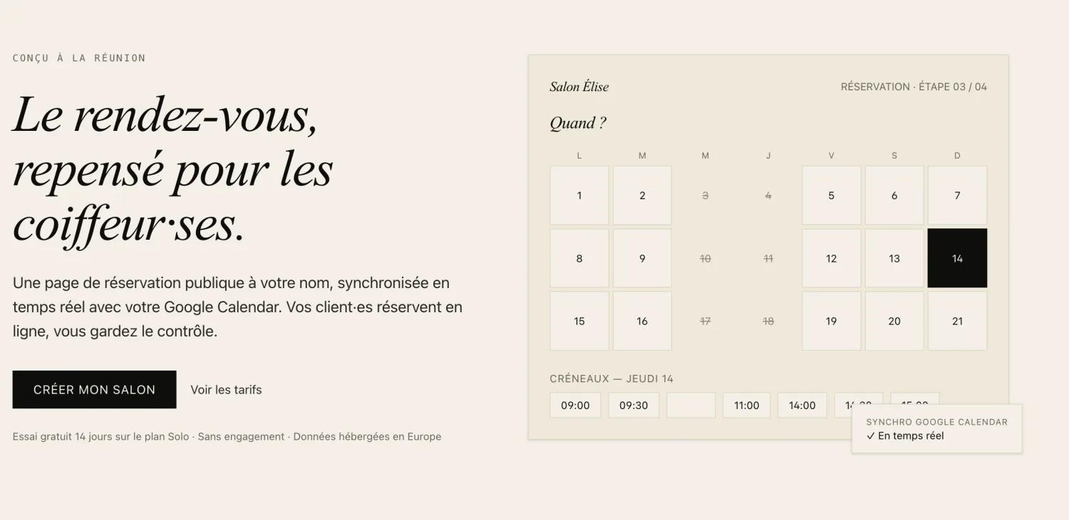 Interface de réservation en ligne coiff.cloud