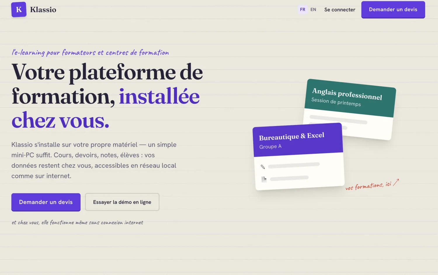 Interface de la plateforme de formation Klassio